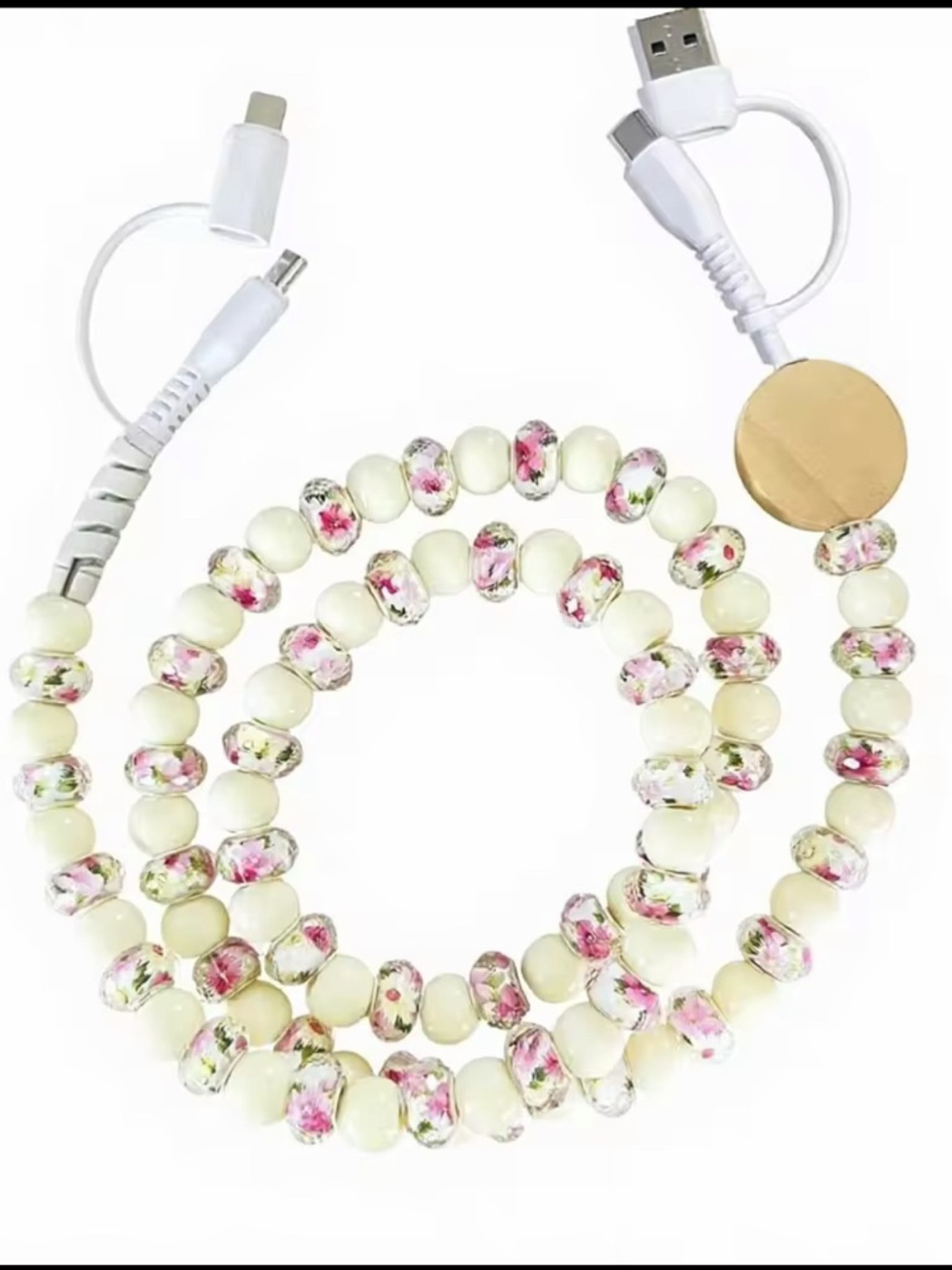 white floral Beaded USB Dual Charging Cord